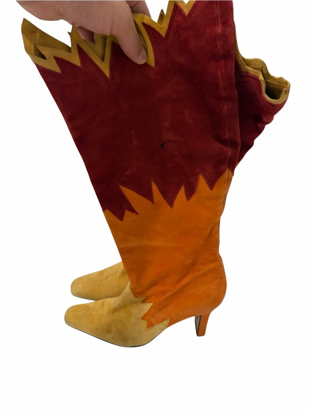Women’s Suede Flame-Accent Knee Boots in Burgundy, Orange & Yellow